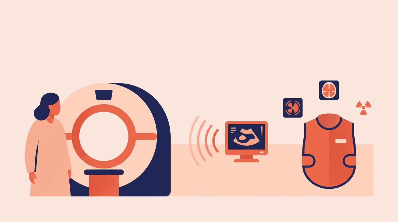 Illustration of medical imaging — a patient by a scanner, ultrasound waves and a protective shield